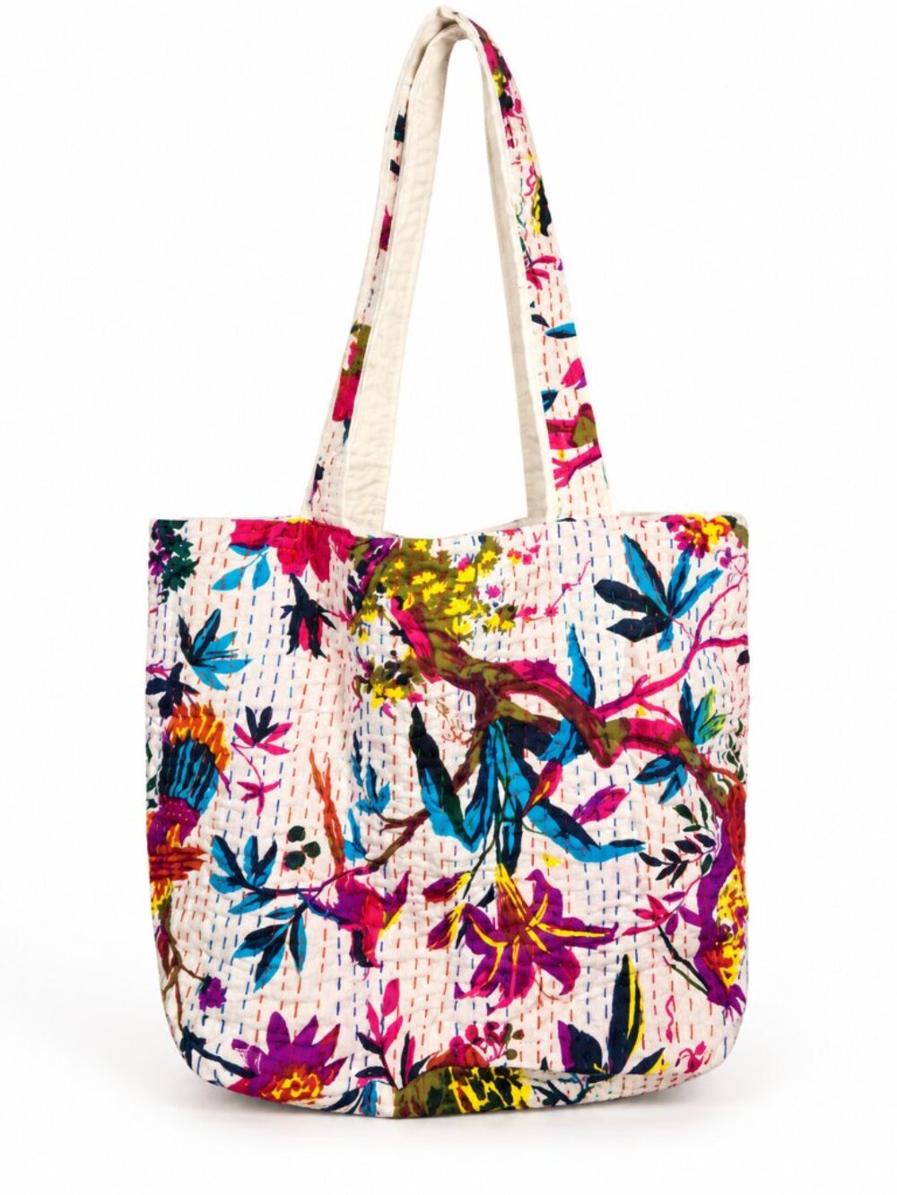NWT Artisan handmade Cotton Colorful Bird Print lightweight White Tote Bag